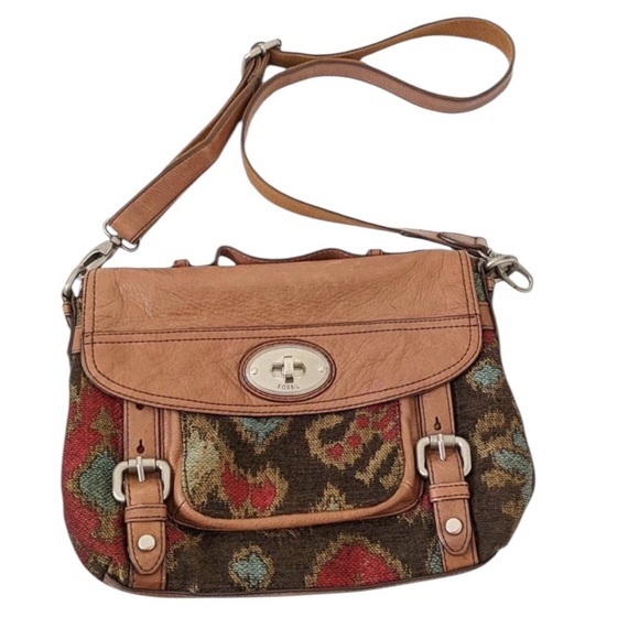 Fossil Boho Tapestry Maddox Distressed Crossbody Bag Satchel Briefcase Saddlebag - Picture 1 of 16